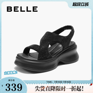 百丽女鞋厚底水钻法式休闲运动凉鞋女夏季新款增高鞋子E2W1DBL5