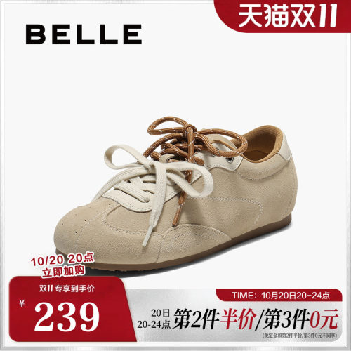 百丽双鞋带薄底复古阿甘德训鞋女新款内增高运动休闲鞋子E4A1DCM5