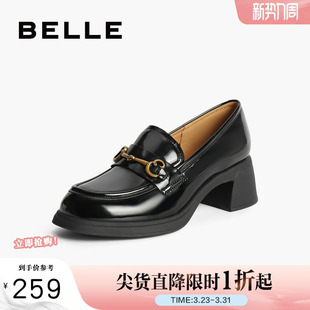 马衔扣粗高跟乐福鞋 黑色小皮鞋 3A625CA4 子英伦通勤单鞋 百丽女鞋