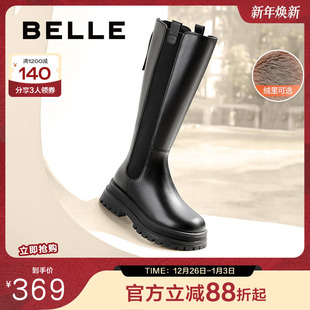 百丽厚底高长骑士靴女冬新款 显瘦切尔西靴加绒长筒靴子3NV70DG4