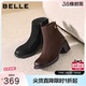 靴子E4X1DDD5 女靴加绒优雅时装 百丽复古显瘦羊皮高跟短靴冬季 新款