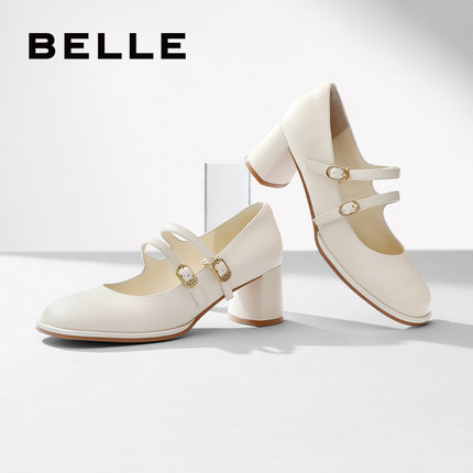 百丽小奶咖法式玛丽珍鞋女鞋子春新款粗跟复古浅口单鞋A7C1DAQ4