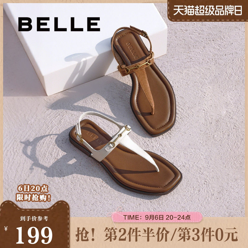 百丽女鞋夹脚趾人字平底凉拖女夏季新款可外穿罗马凉鞋子3UE39BL5图片