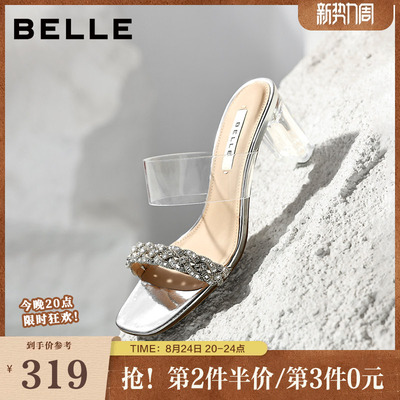 百丽女鞋优雅高跟水钻一字带拖鞋女26夏新商场同款凉拖鞋F5A2DBT6