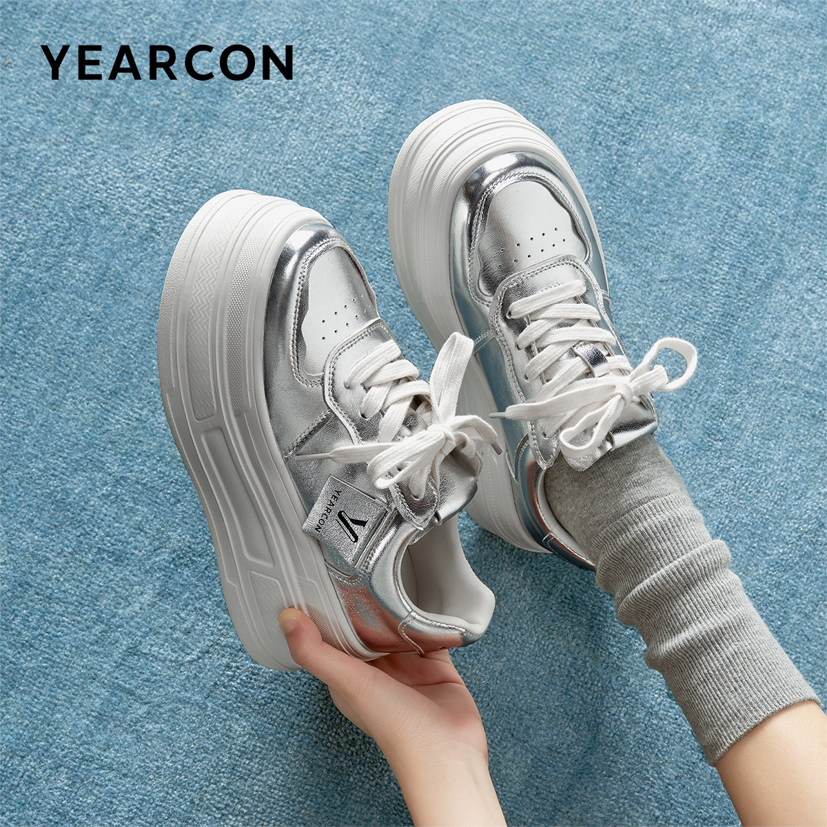 意尔康官方旗舰店正品女鞋单鞋板鞋厚底银色外传通勤百搭时尚潮流