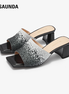 【闲鱼专享】莱尔斯丹春夏新款方头烫钻中跟拖鞋粗跟女鞋4M49901