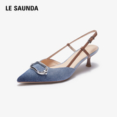 4M46906 女鞋 闲鱼专享 莱尔斯丹奥莱拼色尖头饰扣细跟后空凉鞋