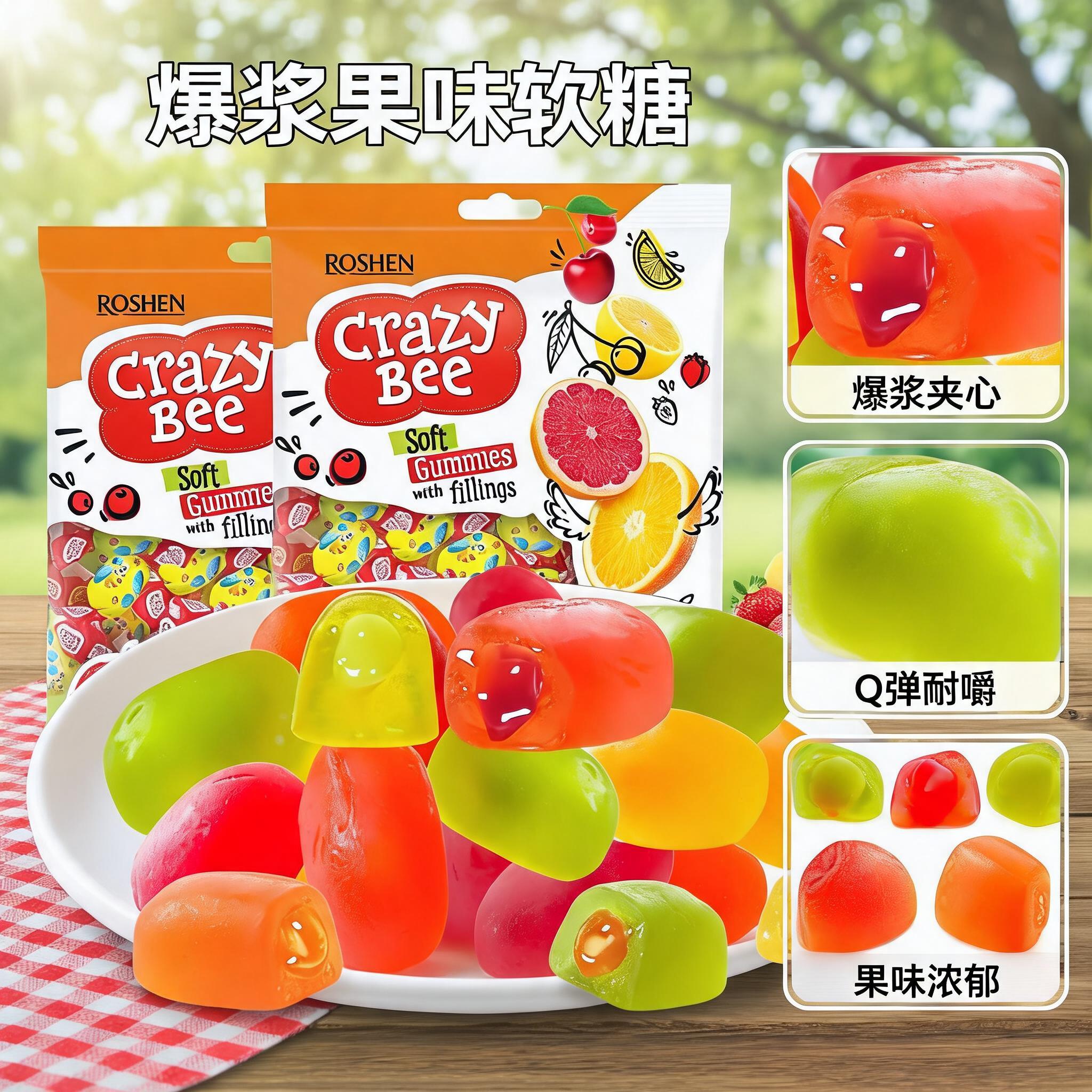 俄罗斯乌克兰进口如胜小蜜蜂糖夹心软糖爆浆橡皮水果糖果汁1000克
