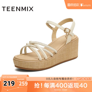 交叉條帶坡跟女一字帶涼鞋 COO10BL5 商場同款 天美意2025新款