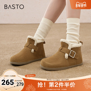 百思图冬季新款时尚户外休闲加绒勃肯鞋平跟女单鞋BG610DD4