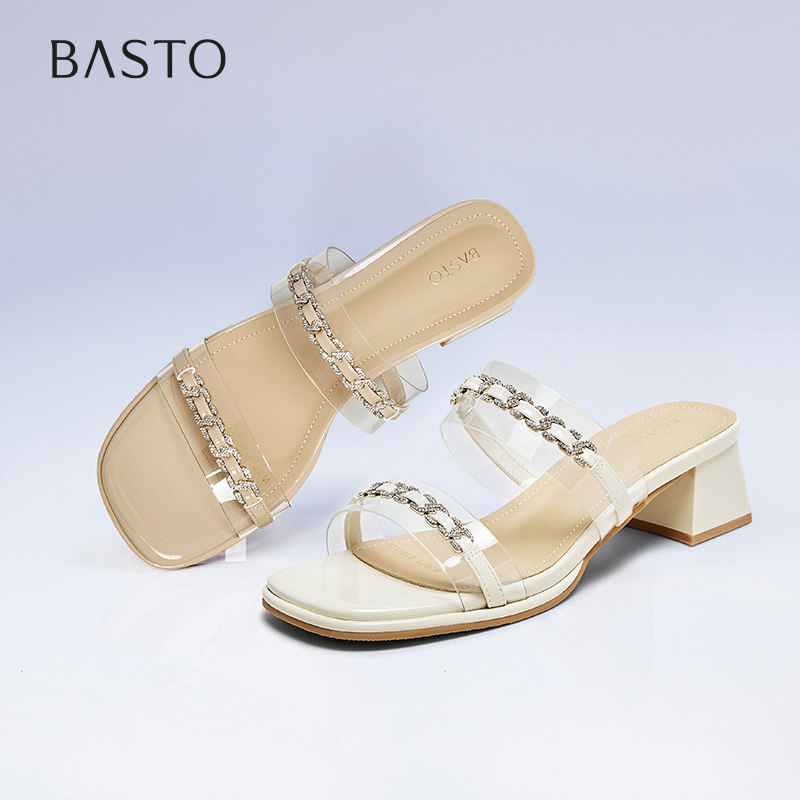 百思图夏季新款商场同款简约时尚百搭一字拖粗跟女拖鞋W3671BT5