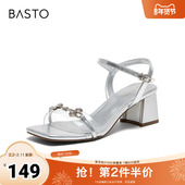 粗跟女凉鞋 百思图春夏季 M7067BL4 时尚 一字带凉鞋 新款 商场同款