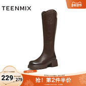 天美意2025冬新款 直筒显瘦百搭厚底潮流纯色女骑士靴BM031DG5