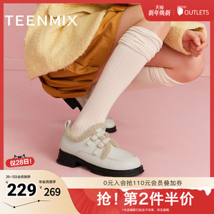 天美意厚底英伦皮鞋 女复古短靴子冬新BI071AM4奥莱 保暖加绒毛毛鞋