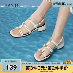 百思图夏季新款时尚潮流复古百搭风罗马凉粗跟女凉鞋B5378BL5