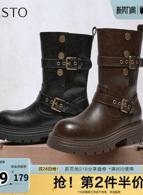 百思图秋冬季新款西部靴时尚复古潮流骑士女中靴BP928DZ5