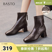 靴时尚 百思图2025冬季 时装 商场同款 潮流方头女短靴F5011DD5 新款