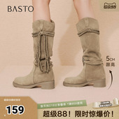 复古潮流粗跟女长靴B9200DG5 西部靴时尚 百思图2025冬季 新款