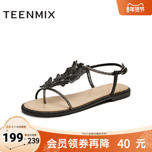 天美意2025新款时尚蝴蝶水钻平底舒适女一字带凉鞋KI009BL5