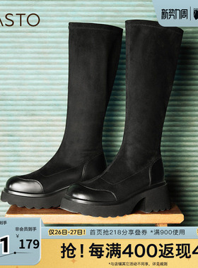 百思图冬季新款商场同款时尚街头弹力靴粗高跟女长靴M5201DG4