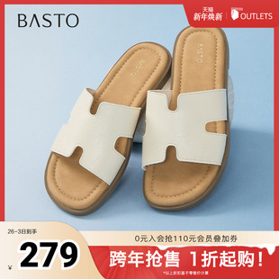 户外休闲一字拖平跟女拖鞋 简约时尚 F3035BT5 新款 百思图2025夏季