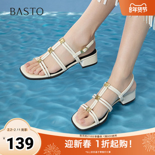 百思图2025夏季新款时尚潮流复古风罗马凉粗跟女凉鞋B5378BL5