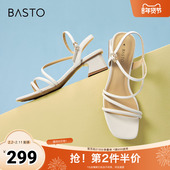 百思图春夏季 TNE32BL4 复古休闲条带罗马粗跟女凉鞋 新款 商场同款