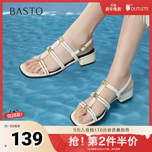 潮流复古风罗马凉粗跟女凉鞋 时尚 B5378BL5 新款 百思图2025夏季