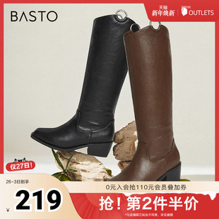 街头骑士靴粗跟尖头女长靴E4151DG4 简约时尚 百思图冬季 新款