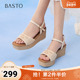 百思图2025夏季 C5972BL5 复古潮流厚底女凉鞋 新款 一字带时尚