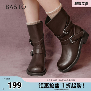 休闲靴时尚 潮流通勤粗跟女中靴B8606DZ5 新款 百思图秋冬季