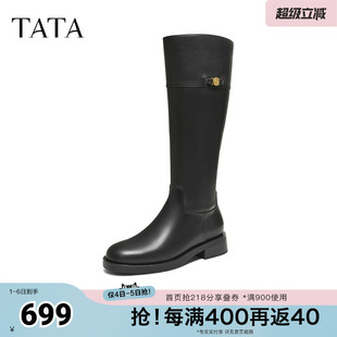 靴高筒骑士靴长靴7TGC1DG5奥莱 TATA他她靴子女牛皮黑色长筒靴时装