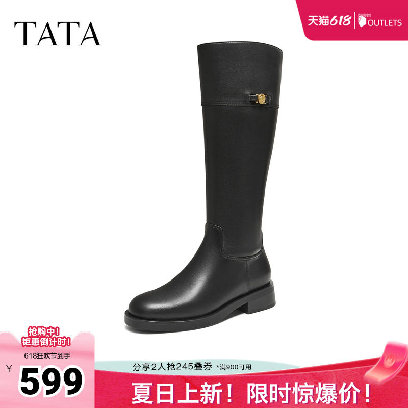 TATA他她靴子女牛皮黑色长筒靴时装靴高筒骑士靴长靴7TGC1DG5奥莱