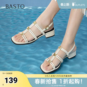 潮流复古百搭风罗马凉粗跟女凉鞋 时尚 B5378BL5 新款 百思图夏季