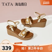 TATA他她海岛假日法式 2025夏7MYA1BL5 度假一字带凉鞋 坡跟凉鞋 女鞋