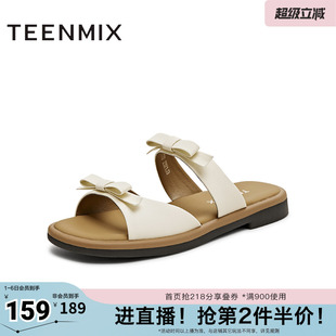 百搭平底舒适女一字拖鞋 KT070BH5 双蝴蝶结法式 天美意新款
