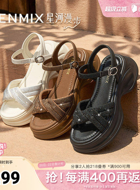 天美意新款商场同款时尚水钻厚底女一字带凉鞋BK941BL5