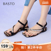 百思图2025夏季 E5112BL5 潮流通勤一字带粗跟女凉鞋 新款 时尚