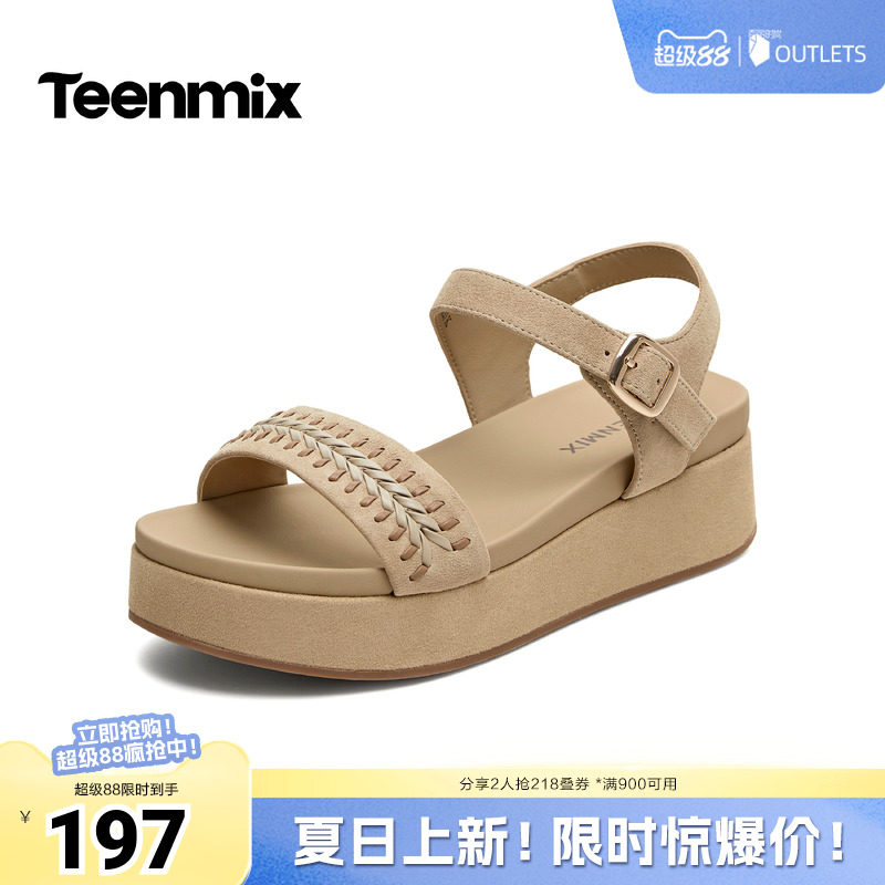 天美意2026夏新款商场同款坡跟百搭休闲女一字带凉鞋CFX03BL6
