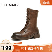 天美意复古西部靴马丁骑士靴女鞋 厚底短靴皮靴冬新款 KQZ02DZ4