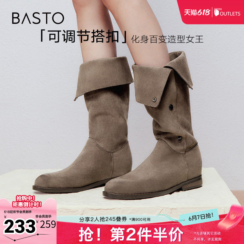 百思图冬季新款时尚简约街头弹力靴高筒靴粗跟女长靴W2671DG4