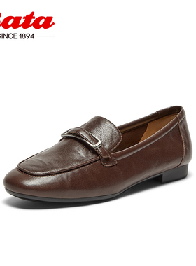 Bata乐福鞋女春秋商场新款英伦复古羊皮软底一脚蹬单鞋AMV44CA4