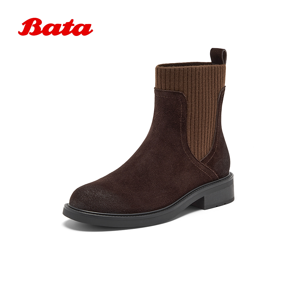 牛剖皮英伦风粗跟袜靴弹力短靴