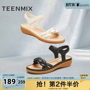 女一字带凉鞋 通勤百搭沙滩鞋 KI013BL5 平底凉鞋 天美意夏新款