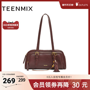 天美意2025冬新款商场同款手提包纯色百搭复古女单肩包X3209DX5