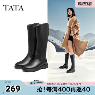 他她V口长筒靴女加绒高筒靴骑士靴黑色长靴Tata奥莱G5JA1DG4