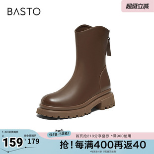 百思图冬季 时尚 简约街头百搭时装 靴粗跟圆头女短靴M5115DD3 新款