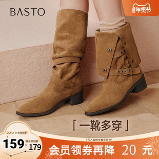 百思图2025冬季新款西部靴时尚复古潮流粗跟女长靴BP035DG5