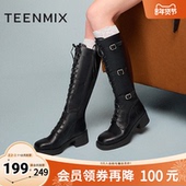 天美意复古西部靴骑士靴长靴女高筒时装 靴皮靴冬新款 BK251DG4