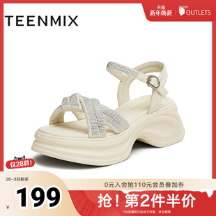 水钻厚底女一字带凉鞋 时尚 BK941BL5 商场同款 天美意2025新款